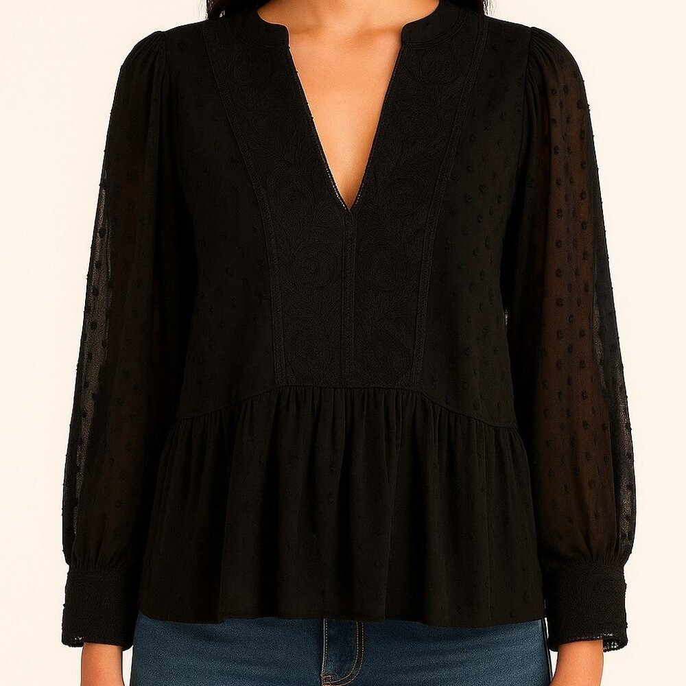 byTiMo Black Sheer Blouse with Swiss Dot Detail